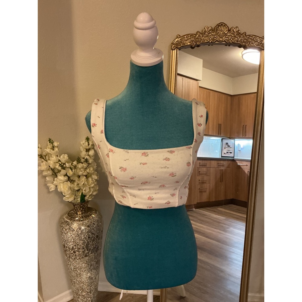Floral Square Neck Corset Style Crop Top White Pink Rosebud Cottagecore Shirt - Picture 5 of 8
